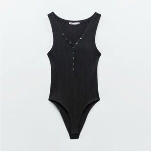 ZARA Stretchy Black Ribbed Sleeveless Henley Bodysuit